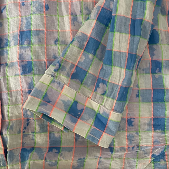 Anthropologie Pilcro Letterpress Cate Blue Neon Tie-Dye Plaid Button-Down Shirt - Picture 9 of 9